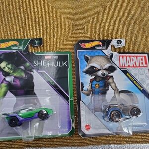Lot of 2 Hot Wheels Marvel Character Cars Rocket Raccoon & She/Hulk (C41)